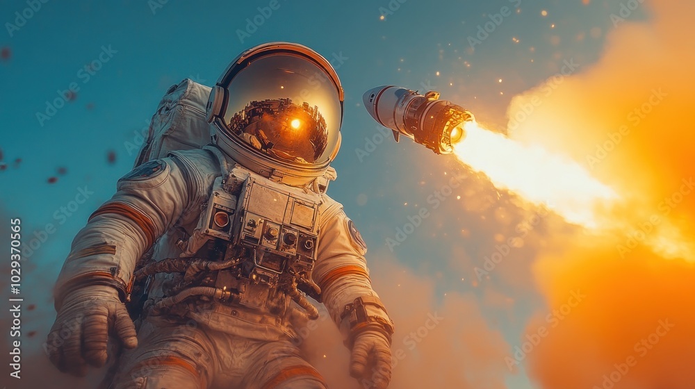 Fototapeta premium An astronaut stands amidst clouds as a rocket launches into space, symbolizing exploration.