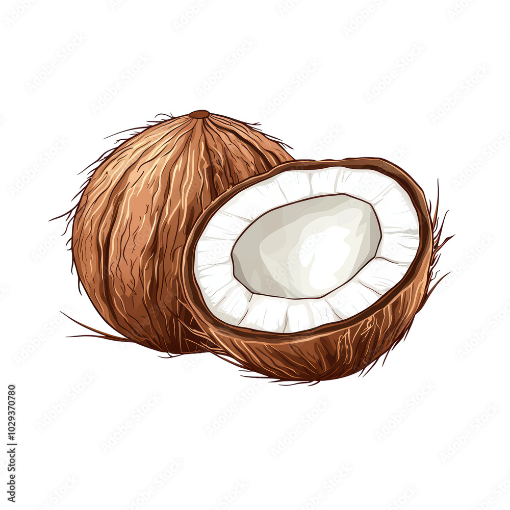Fototapeta premium Whole and half brown coconuts with white inner flesh, isolated on a clean background. isolated on transparent background.