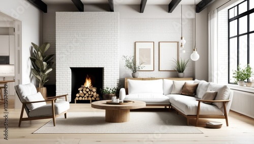Cozy modern living room, minimalist Scandinavian design, white brick walls, large windows, natural light, fireplace with stacked firewood, comfortable white sofa, wooden armchair, round wooden coffee 