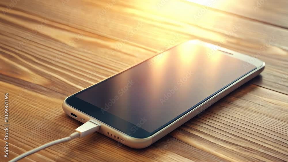 A modern smartphone illuminated by the sun is charging on a table A modern smartphone illuminated by the sun is charging on a table