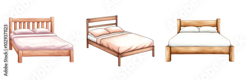 watercolor Three wooden beds, white isolate background transparent background photo