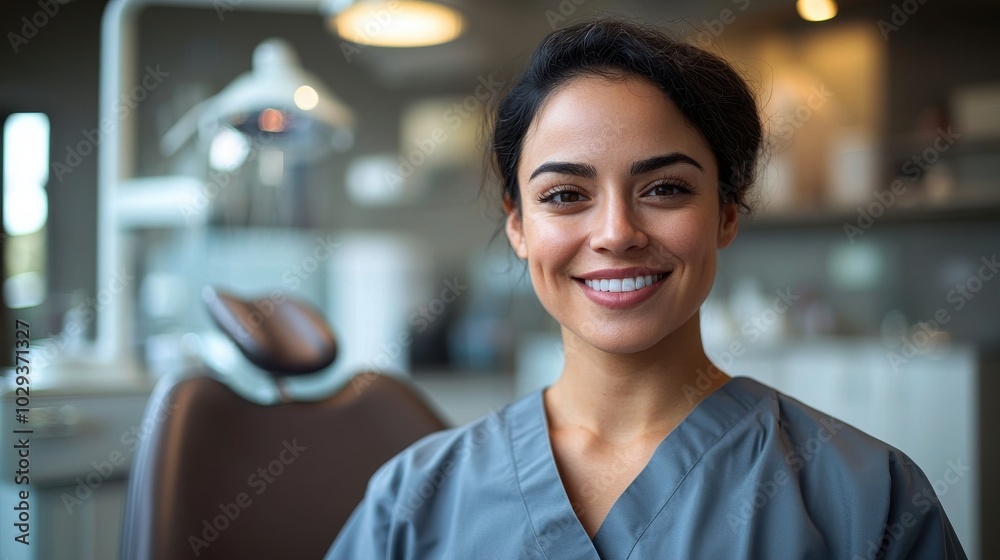 Smiling dental hygienist in a modern clinic during working hours, ready to assist patients with oral care Smiling dental hygienist in a modern clinic during working hours, ready to assist patients with oral care