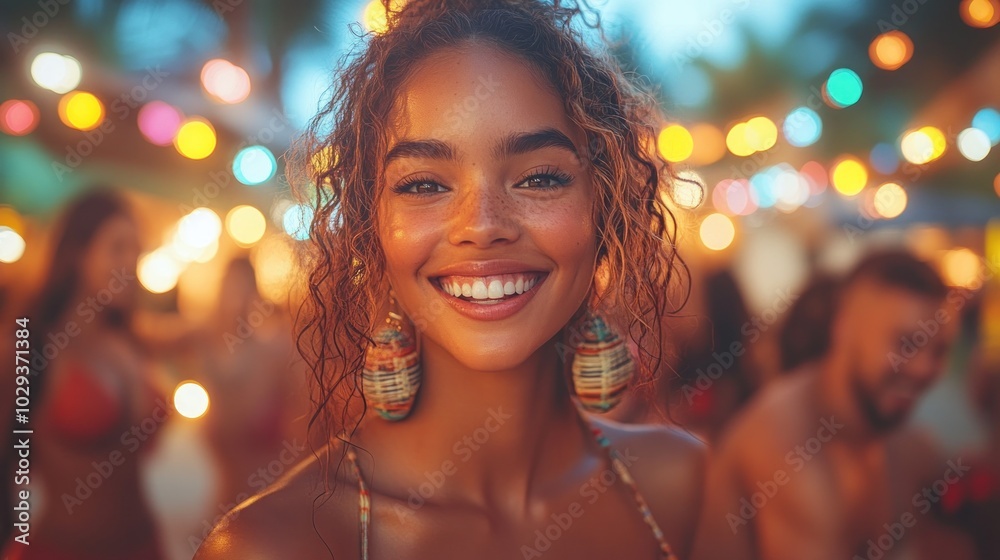 A joyful woman smiling at a vibrant outdoor party with colorful lights in the background. A joyful woman smiling at a vibrant outdoor party with colorful lights in the background.