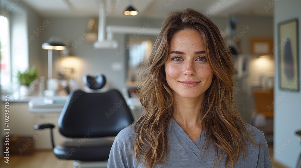 A young woman smiles confidently in a modern dental office during a routine check-up appointment in a bright, inviting environment A young woman smiles confidently in a modern dental office during a routine check-up appointment in a bright, inviting environment
