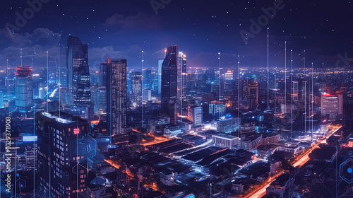 Wallpaper Mural Futuristic smart city at night with digital network connections Torontodigital.ca