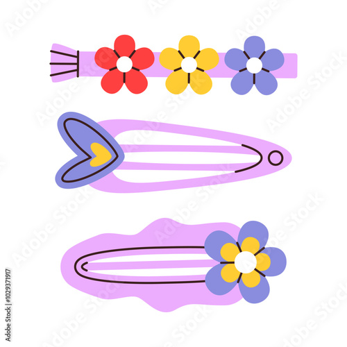 Set of cute simple kid hair clip. Vector hand drawn flat illustration.