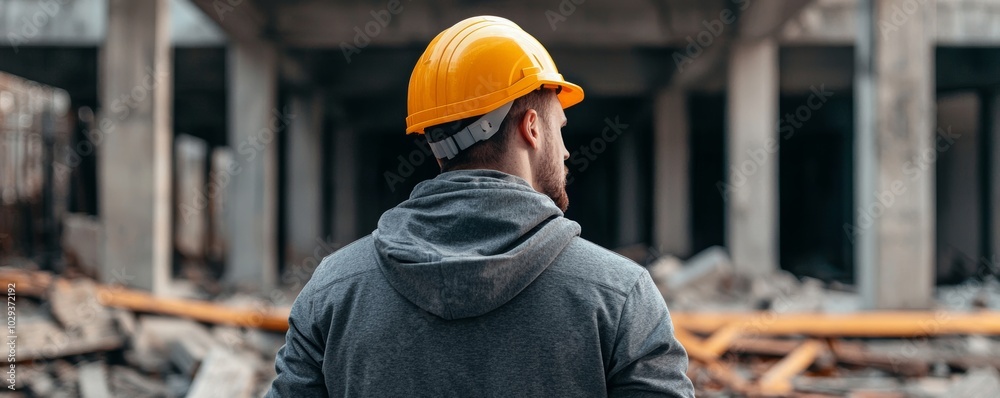 Inspector in Helmet Examining Collapsed Bridge Site Inspector in Helmet Examining Collapsed Bridge Site
