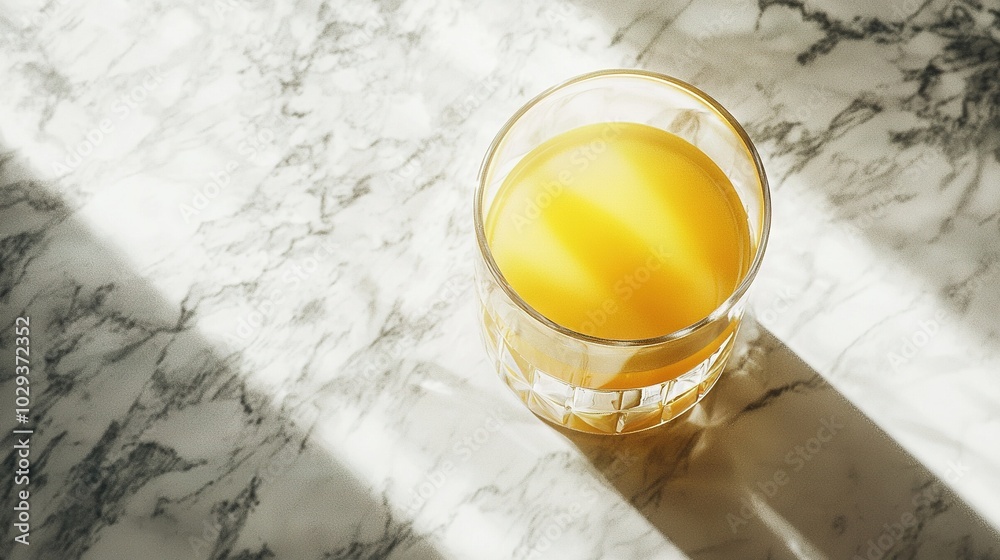 An orange glass resting on a black marble table, with the silhouette of a human hand nearby An orange glass resting on a black marble table, with the silhouette of a human hand nearby
