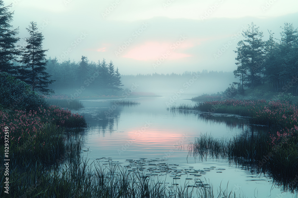 Fototapeta premium A peaceful lake at dawn, showing nature in its untouched state. Concept of serenity.