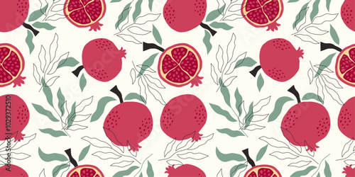 Seamless pattern for summer textiles and fabric with juicy pomegranates. Vector design with red pomegranate and leaves. Hand drawn background with abstract fruits.