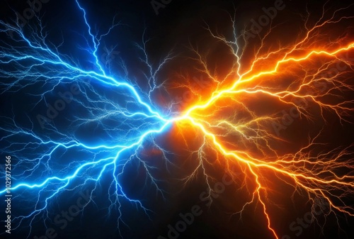 orange blue electric lightning isolated on black background