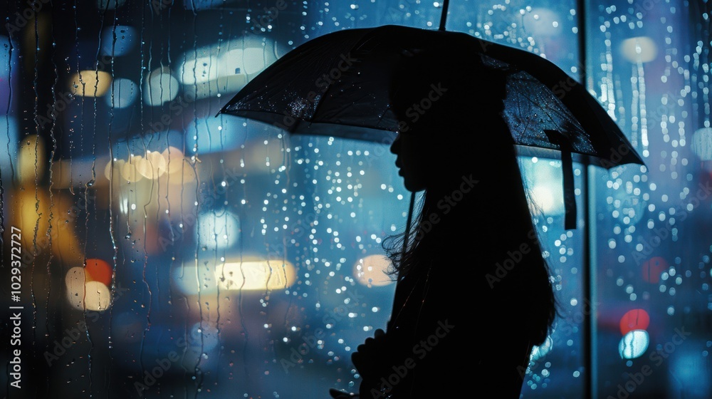 Silhouette of a Woman Holding an Umbrella Against a Rain-Streaked Window at Night Silhouette of a Woman Holding an Umbrella Against a Rain-Streaked Window at Night