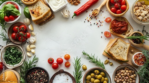 Wallpaper Mural Assorted Mediterranean ingredients including olives, tomatoes, garlic, herbs, bread, cheese, and spices arranged around a white background, rustic layout, healthy cooking, copy space.

 Torontodigital.ca