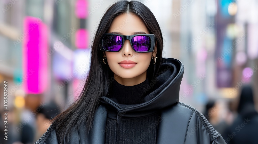 Stylish Asian Woman in Purple Sunglasses Stylish Asian Woman in Purple Sunglasses