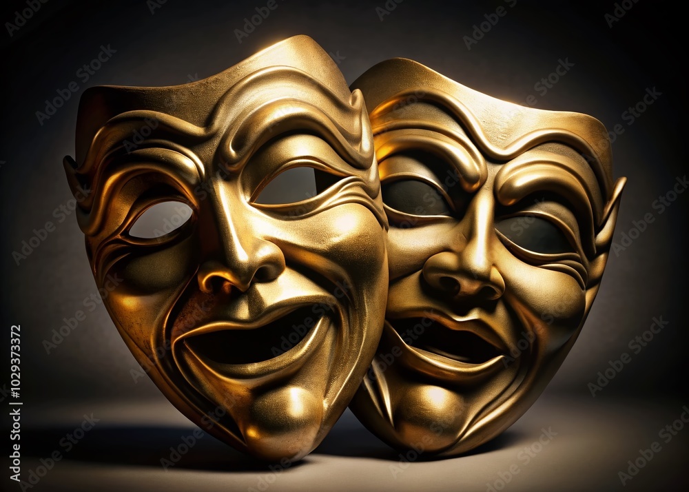 Gold Theatre Masks for Drama and Comedy in Low Light Photography Gold Theatre Masks for Drama and Comedy in Low Light Photography