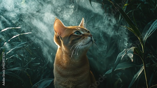   A feline mid-field with smoke billowing from its snout, gazing heavenward photo