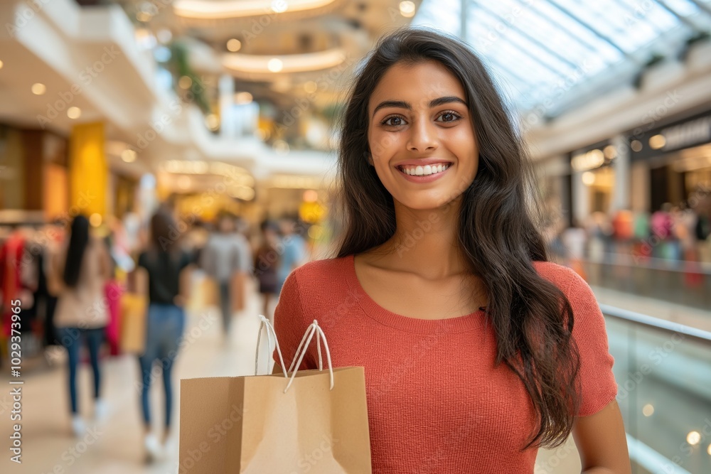 A young ethnic beautiful woman with toothy smile holding a paper shopping bag and smiling in a mall A young ethnic beautiful woman with toothy smile holding a paper shopping bag and smiling in a mall