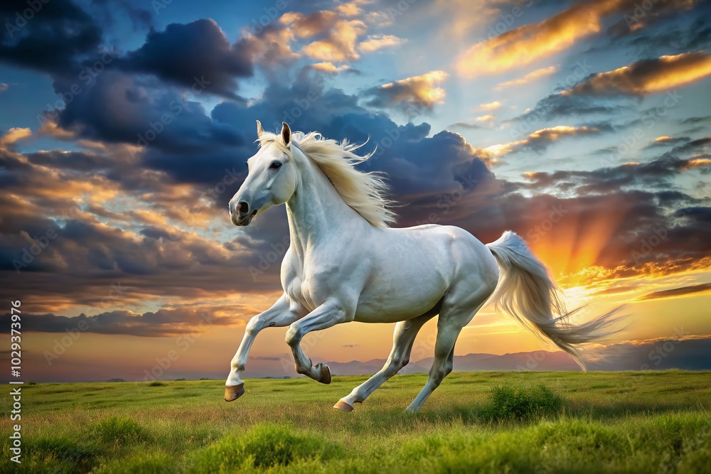 White Horse in Motion Against a Dramatic Sky - Stunning Drone Photography for Nature Lovers