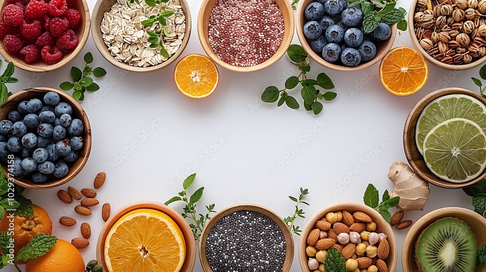 Naklejka premium Assorted fruits, nuts, seeds, oatmeal, and berries arranged in wooden bowls on a white background, healthy breakfast ingredients, vibrant, minimalistic, copy space for text.