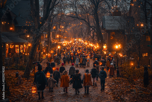 A group of children in homemade costumes, trick-or-treating through a spooky neighborhood. Concept of tradition.