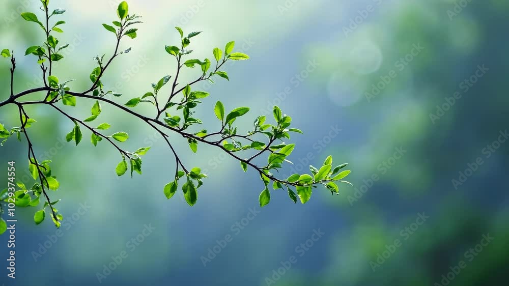 A single branch with new green leaves stretches out against a soft, blue and green background on a sunny morning A single branch with new green leaves stretches out against a soft, blue and green background on a sunny morning