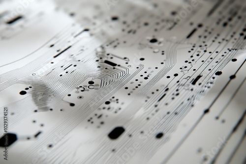 A close-up of a circuit board, showing intricate patterns and details in black ink on white paper Generative AI photo