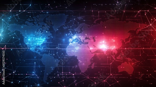 Digital World Map with Network Connections and Glowing Nodes