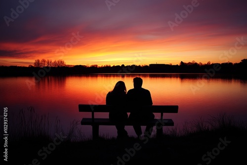 Fototapeta Naklejka Na Ścianę i Meble -  A couple enjoying a serene sunset together on a bench by a tranquil lake