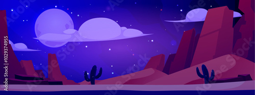 Night desert landscape with sand dunes, mountains, cactus, vector cartoon full moon light under hills view from the road