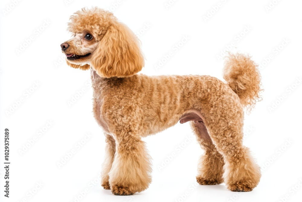 A charming poodle with a fluffy coat, showcasing its playful personality and elegant posture against a bright backdrop. A charming poodle with a fluffy coat, showcasing its playful personality and elegant posture against a bright backdrop.