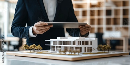 professional businessman holding tablet, 3D office building on tablet