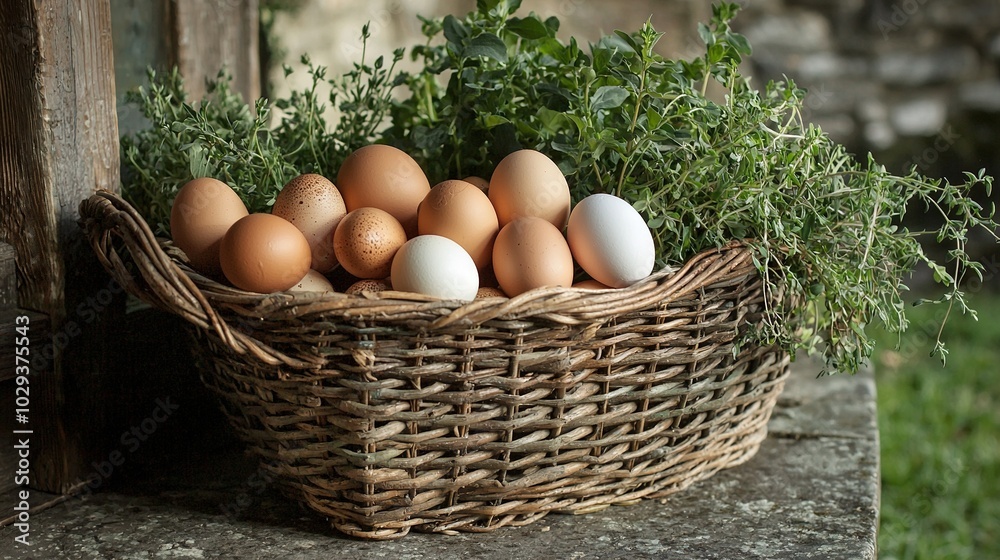 A wicker basket with eggs sits atop a stone slab, in front of a wooden door with a plant growing from it A wicker basket with eggs sits atop a stone slab, in front of a wooden door with a plant growing from it