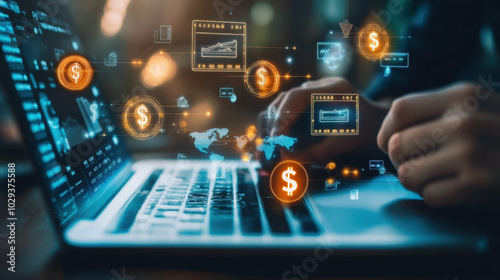 Wallpaper Mural Exploring digital finance through dynamic graphs and currency symbols on a laptop at dusk Torontodigital.ca