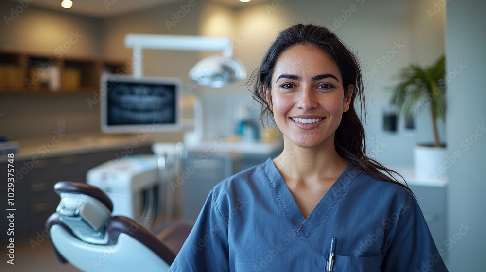 Fototapeta premium A smiling dental professional in scrubs stands in a modern clinic, ready to assist patients with dental care