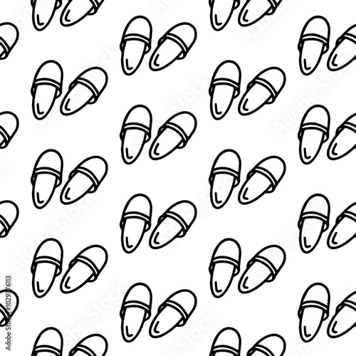 Slippers seamless pattern, flip flops. Doodle outline pattern with slippers isolated on white. Slippers wrapper, wallpaper for bedroom, textiles, decoration, pajama. Drawn adult coloring page, book 