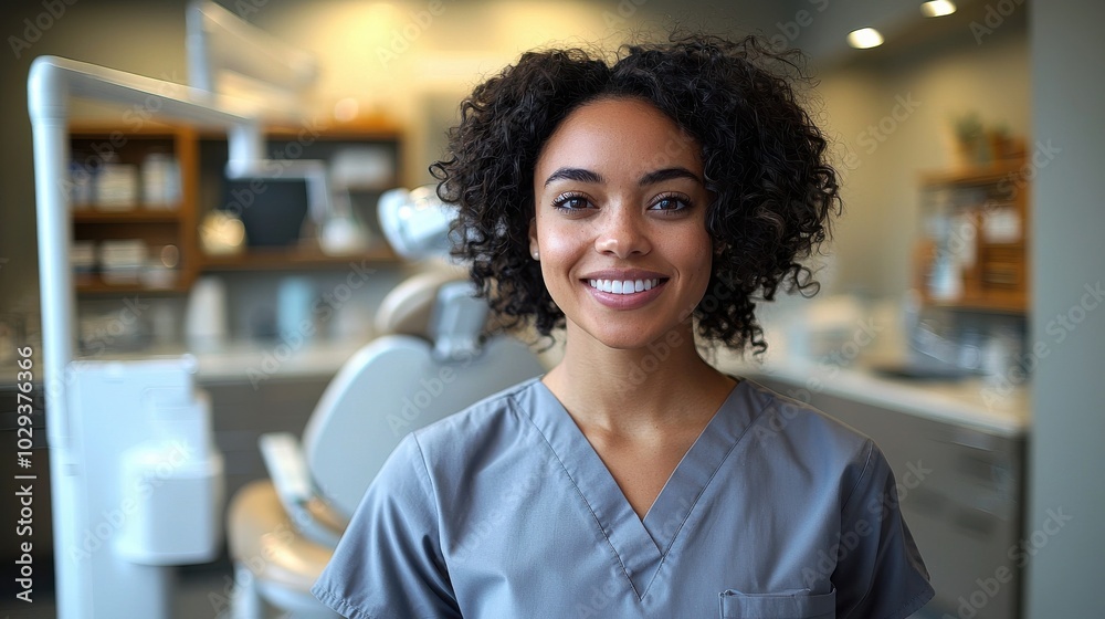 Cheerful dental assistant in scrubs smiling warmly at the camera in a modern dental clinic environment during daylight hours Cheerful dental assistant in scrubs smiling warmly at the camera in a modern dental clinic environment during daylight hours