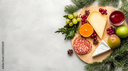 An elegant display of a holiday charcuterie board with seasonal fruits and cheeses, set against a backdrop with space for text. photo