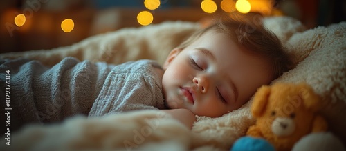 A peaceful sleeping baby cuddled with a teddy bear in a cozy setting.