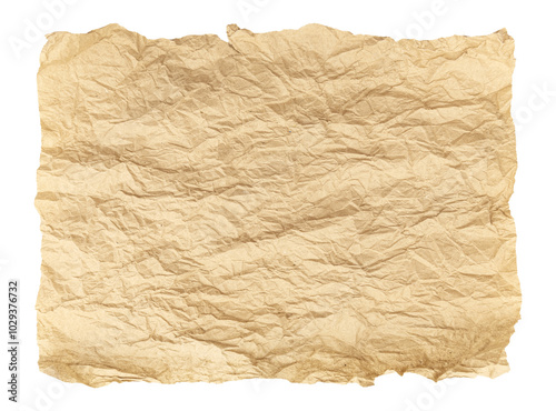 Piece of crumpled craft paper on a white background. Kraft paper insulate for packaging
