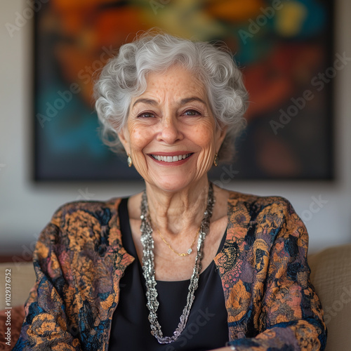 An older Jewish woman smiles brightly as she sits on a couch in her home