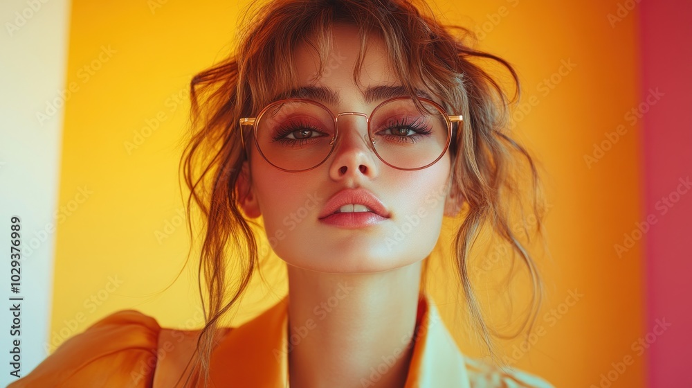 A close-up portrait of a stylish person with glasses against a vibrant background. A close-up portrait of a stylish person with glasses against a vibrant background.