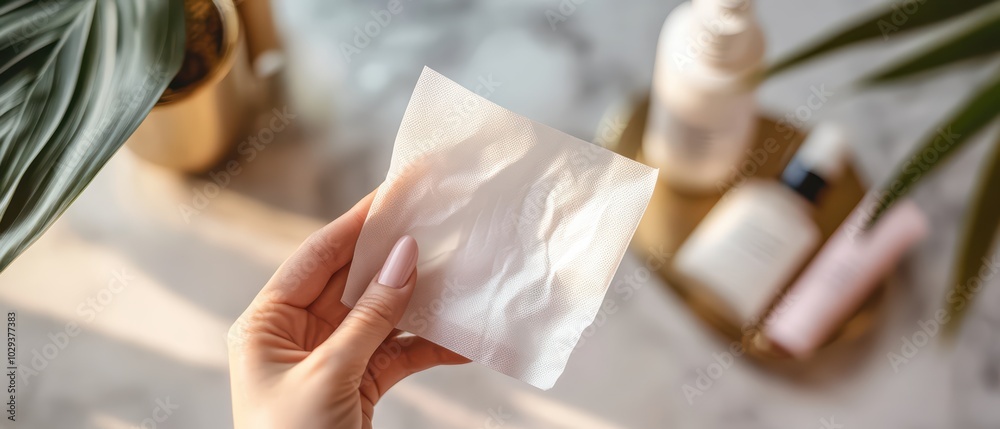 Obraz premium A hand holding a textured sheet with beauty products and greenery in the background, representing skincare and wellness.