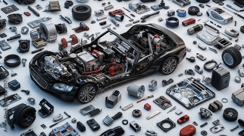 A highly detailed technical view of a dismantled car, showcasing its individual components and mechanical structure, symbolizing advanced automotive engineering and innovation, Gnerative Ai photo