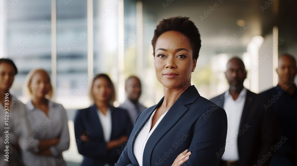 Confident businesswoman in a suit standing with arms crossed in front of her diverse team, representing leadership and teamwork in a corporate environment Confident businesswoman in a suit standing with arms crossed in front of her diverse team, representing leadership and teamwork in a corporate environment