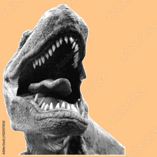 Close up of Tyrannosaurus Rex open mouth pixelate grayscale color halftone dotted texture style collage element isolated on orange background