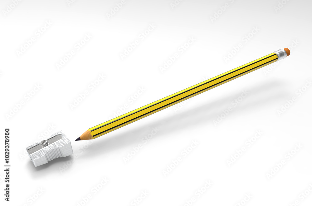 3D rendering of ordinary yellow and black pencil and metallic sharpener. Ready for school. 3D rendering of ordinary yellow and black pencil and metallic sharpener. Ready for school.