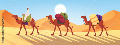 Vector illustration of a desert landscape with sand dunes, a camel caravan and a horseman photo