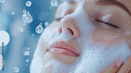 A serene moment of a woman enjoying a bubble facial, surrounded by soothing bubbles and a calming atmosphere.