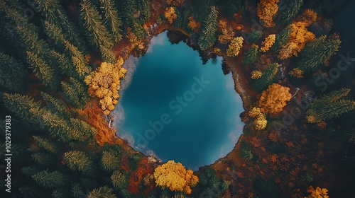 Wallpaper Mural Aerial view of a lake surrounded by trees in brilliant autumn colors.  Torontodigital.ca