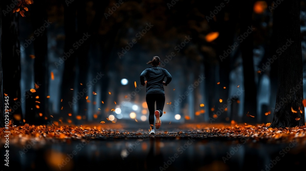 Autumn Runner: A determined woman runs through a tunnel of golden leaves, her silhouette illuminated by the distant streetlights. The image evokes a sense of peace, perseverance. Autumn Runner: A determined woman runs through a tunnel of golden leaves, her silhouette illuminated by the distant streetlights. The image evokes a sense of peace, perseverance.